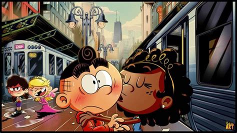 Two Cartoon Characters Are Kissing On The Train Tracks In Front Of A