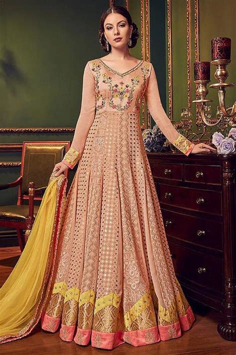 Buy Peach Floral Embroidered Anarkali Suit With Yellow Dupatta Online Like A Diva