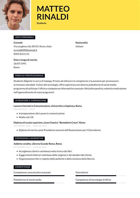 Esempio Curriculum Vitae Europeo Compilato Studente Curriculum Vitae