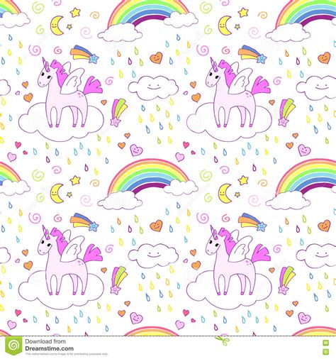 Seamless Pattern With Bright Cute Unicorns And Rainbows Stock Vector
