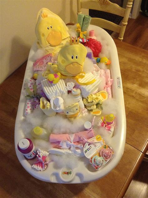 The term shower is often assumed to mean that the expectant mother is showered with gifts. Sweet baby shower gift. The base of the tub is filled with ...