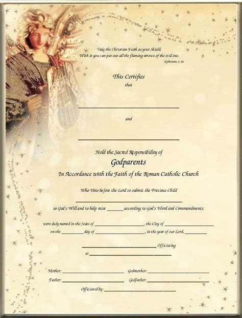 Keepsake Catholic Godparent 85 X 11 Inch Certificate Golden Angel