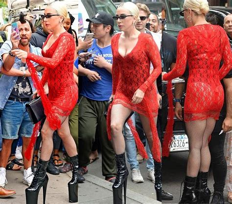 Lady Gaga Flashes Her Underwear In Red Tight Dress As Steps Out In New York In Very High Black