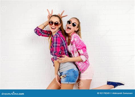 Fashion Portrait Of Two Friends Posing Modern Lifestyle Two Stylish Hipster Girls Best Friends