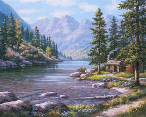 Log Cabin By The River Landscape Painting Art Of Paint By Numbers
