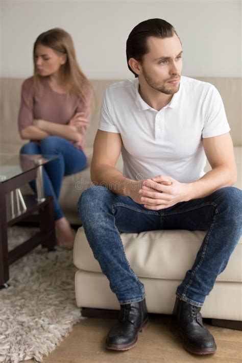 Sad Frustrated Couple After Fight Serious Man Thinking Of Break Stock