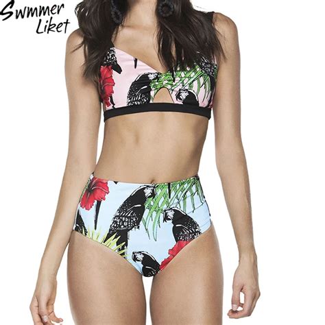 Women Palm Parrot Print High Waist Bikini Set Push Up Bathing Suit
