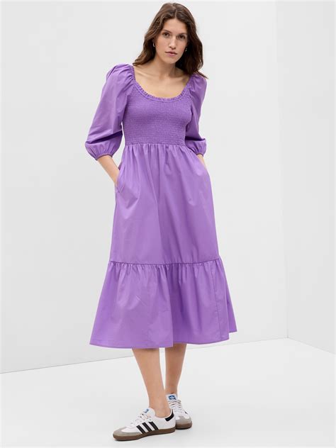 puff sleeve smocked midi dress gap