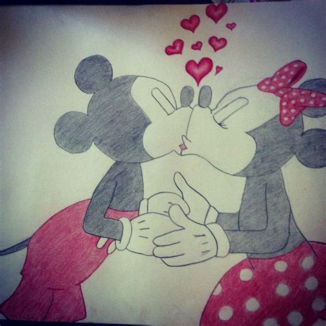 Drawings Mickey Mouse Minnie Kissing Love Hearts Disney Mouse