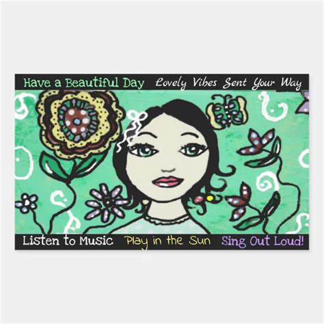 Whimsical Artsy Girl Flowers And Colorful Rectangular Sticker Zazzle