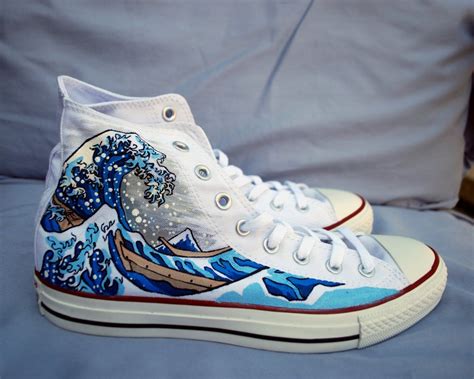 Hand Painted Converse Shoes The Great Wave Off Kanagawa White In