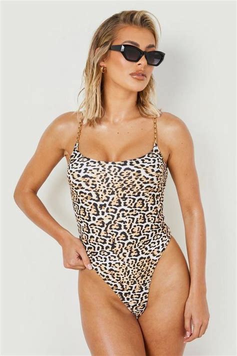 Womens Leopard Chain Detail Straps Swimsuit Boohoo Uk
