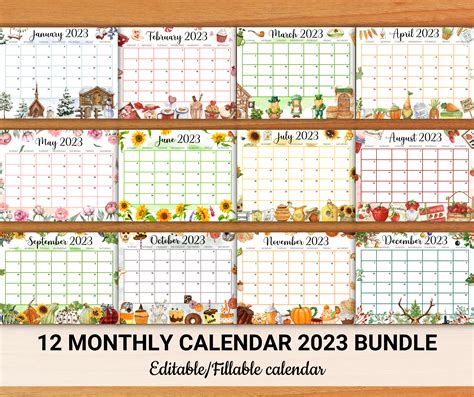 Editable Watercolor Calendar 2023 Bundle Cute Printable Etsy Finland