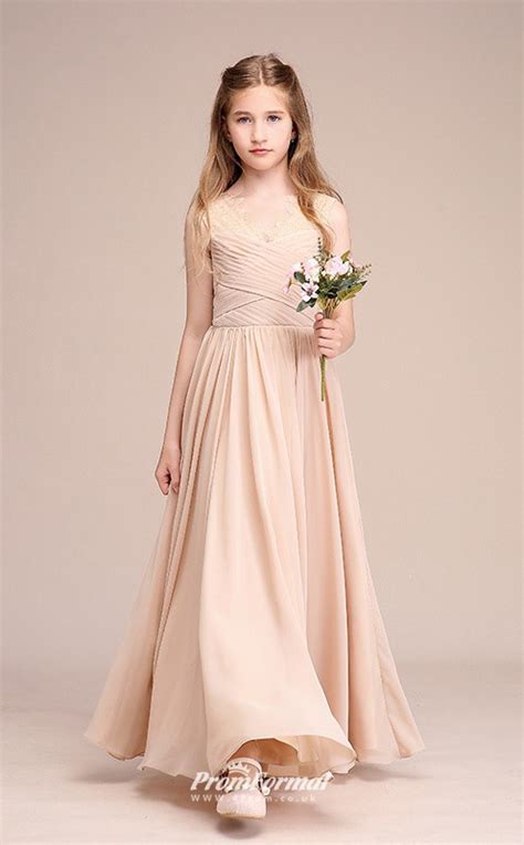 Affordable Champagne V Neck Junior Bridesmaid Dress Floor Length Pageant Dress With Lace Details