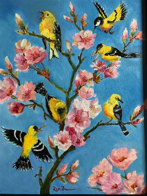 Bird Painting Yellow Finch Spring Art Apple Tree Painting