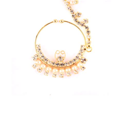 Abhinn Traditional Designer Gold Plated Large Hoop Nose Ring With Cz Crystal Stones And Pearls