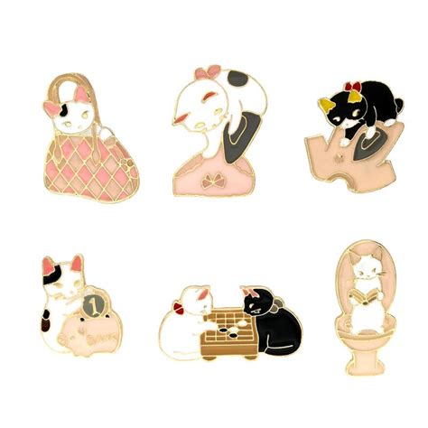 Black White Cat Face Enamel Pins Collection Cute Cartoon Kitten Brooch