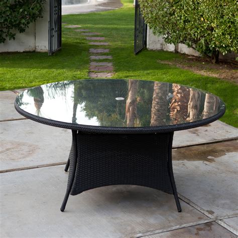 Every table is an aluminum base patio table available with either an aluminum, acrylic, or fiberglass table top are available with or without an umbrella hole. Belham Living Meridian 63 in. Flat Wicker Round Patio ...