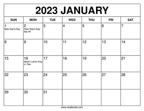 January 2023 Calendar Printable Templates With Holidays Vl Calendar
