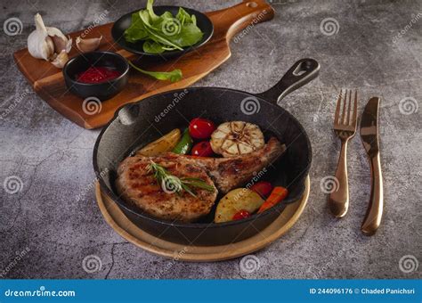 Fried Pork Steak In Frying Pan Close Up View Stock Photo Image Of