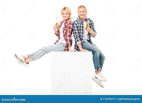 Smiling Couple Holding Drinks In Hands Stock Image Image Of People
