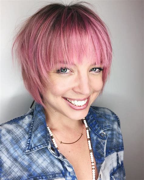 Pink Shaggy Bob With Feathered Bangs And Shadow Roots The Latest