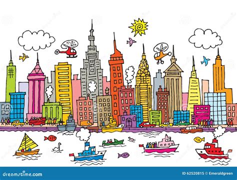 New York City Skyline With Twin Tower Cartoon Vector Cartoondealer