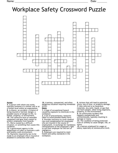 Workplace Safety Crossword Puzzle Printable