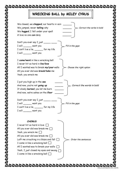 wrecking ball miley cyrus lyrics s… english esl worksheets pdf and doc