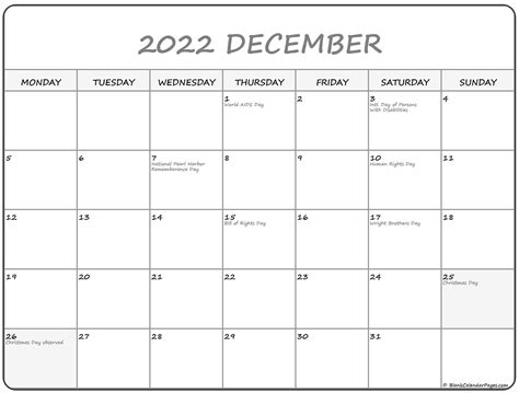 December Calendar 2022 With Holidays Printable
