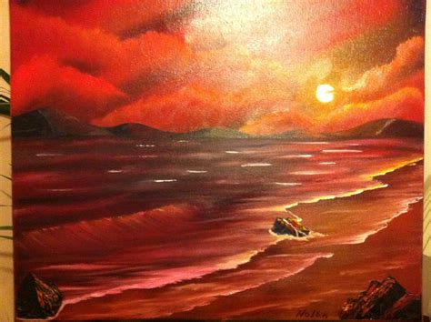 Red Sunset Oil On Black Gesso Bob Ross Paintings Art Techniques