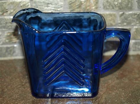 Vint Cobalt Blue Depression Glass Hazel Atlas Chevron Design Pitcher