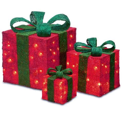 Set Of Sparkling Red Sisal Gift Boxes Lighted Christmas Outdoor