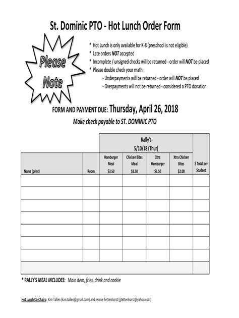 Fillable Online St Dominic Pto Hot Lunch Order Form Fax Email Print