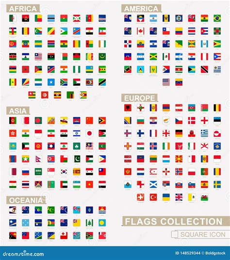 square flags of the world collection sorted by continents and alphabetical stock vector