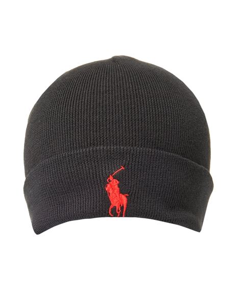 Ralph Lauren Mens Large Logo Polo Black Beanie Hat
