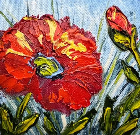Poppy Oil Painting Canvas Impasto Palette Knife Poppies Ukraine