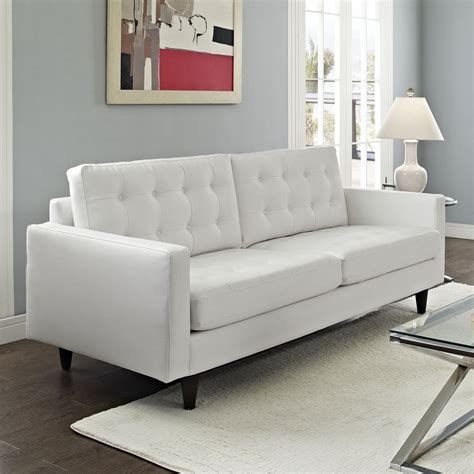 Modway Empress Midcentury White Faux Leather Sofa At