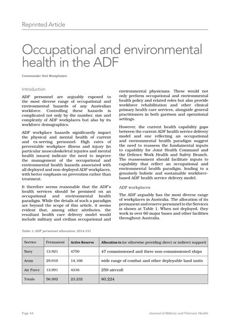 Pdf Occupational And Environmental Health In The Adf