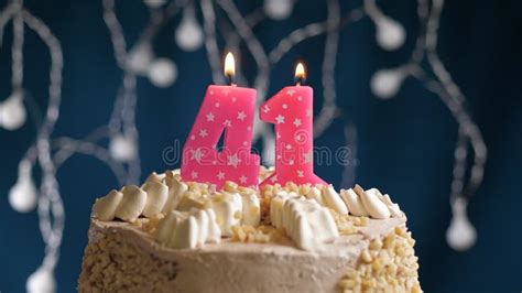 Birthday Cake With 41 Number Pink Candle On Blue Backgraund Stock Image