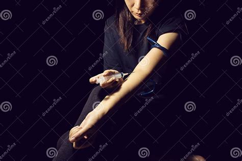 Drug Addict Woman Use Syringe Injecting Drugs In Her Arm Drugs Addict