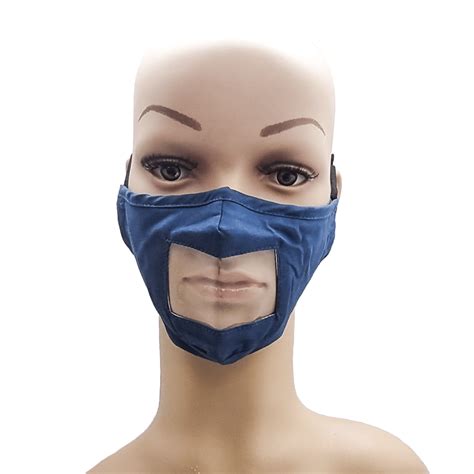 Adult Mask Fabric Clear Mouth Shield Adjustable Earloops Blue For Deaf