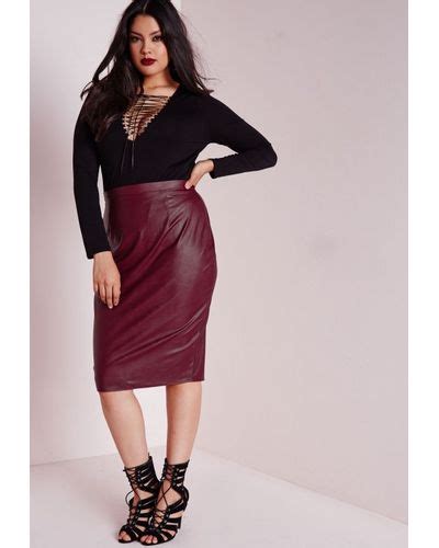 missguided plus size faux leather midi skirt burgundy in purple lyst