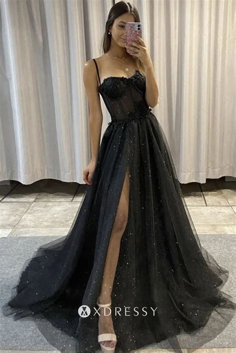 Black Glitter Tulle Lace Illusion Corset Slit Prom Gown Xdressy