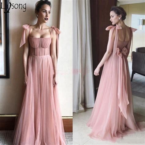 Blush Pink Tulle Long Prom Dresses Chic Spaghetti Strap A Line Fairy