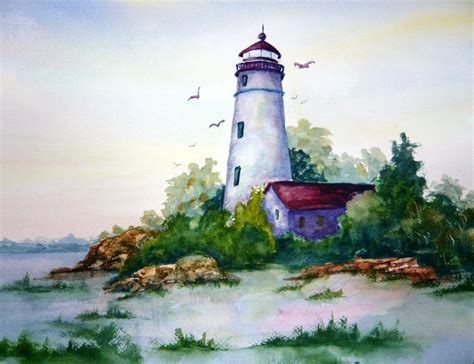 Watercolor Landscape Lighthouse Painting Seascape Paintings