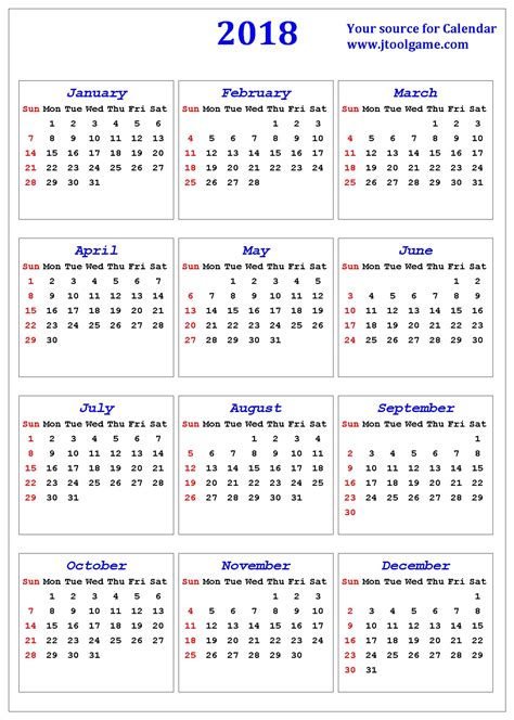 2018 Calendar Printable Calendar 2018 Calendar In Multiple Colors