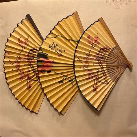 3 Large Asian Folding Fans Decorative Ornate Hand Held Fans Vintage