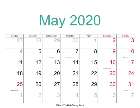 May 2020 Calendar Printable With Holidays Whatisthedatetodaycom