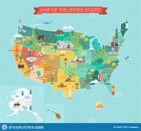 Usa Tourist Map With Famous Landmarks And State Names Stock Vector
